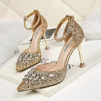 2021 womens high heels black gold leather womens singles shoes with pointed toe rhinestones sexy stilettos red party shoes
