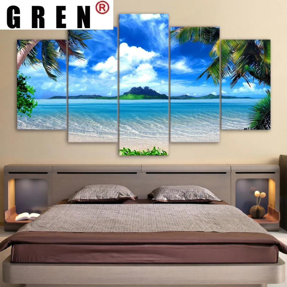 

Картина на холсте GREN, HD 5 панелей, Пляжная синяя пойма, пальмы, принты, реалистичные картины, современный настенный плакат, домашний декор для...