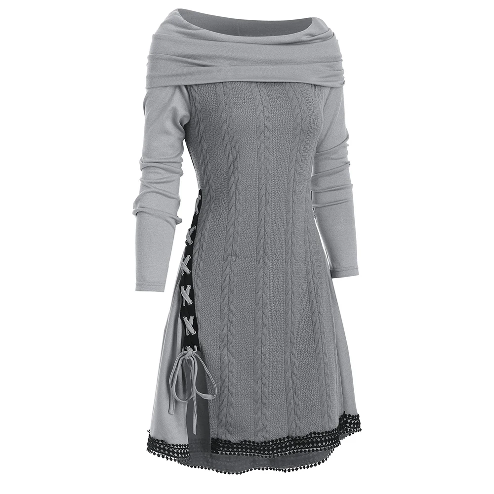 ROSEGAL Fashion Winter Sweaters Lace Up Cowl Neck Guipure Insert Longline Knitwear Long Sleeve Autumn Pullovers Daily Casual | Женская