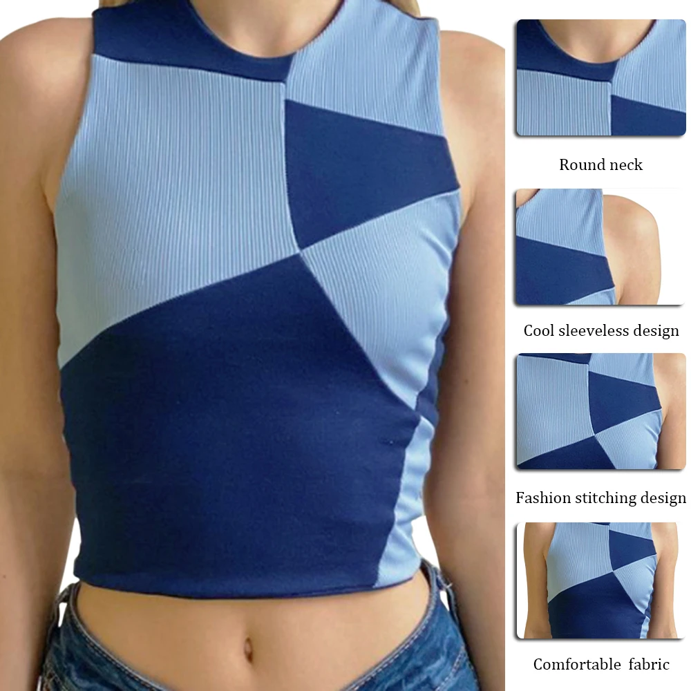 

2021 Patchwork Sleeveless Crop Top Women Y2K Summer Casual Basic T Shirts Sexy Off Shoulder 90S Brown Blue Sleeveless Tank Tops