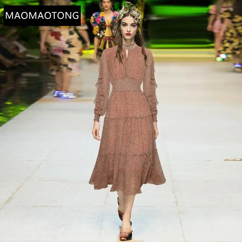 

Women's Clothing Fashion Designer Dress Autumn Women's Dress Ruffles Long Sleeve Floral Print Elastic Waist Chiffon Dresses