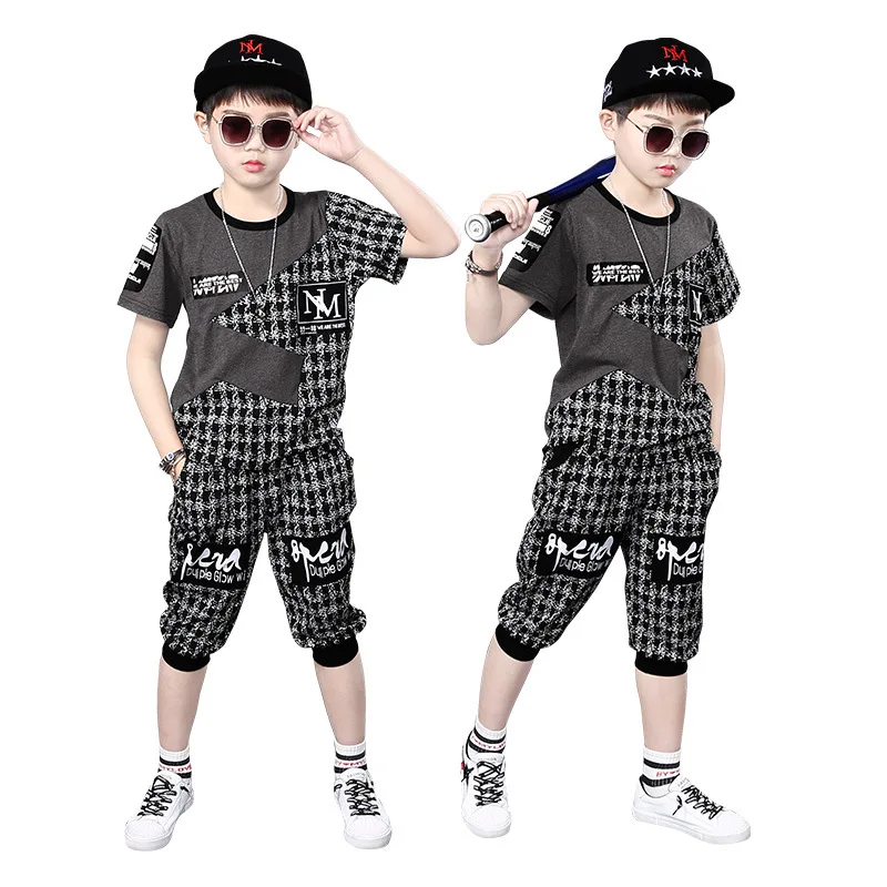 

2021 Summer Kids Clothes Sets For Boys 4 6 8 10 12 Year Fashion splicing Short Sleeve Tops & Pants School Children Sport Suit