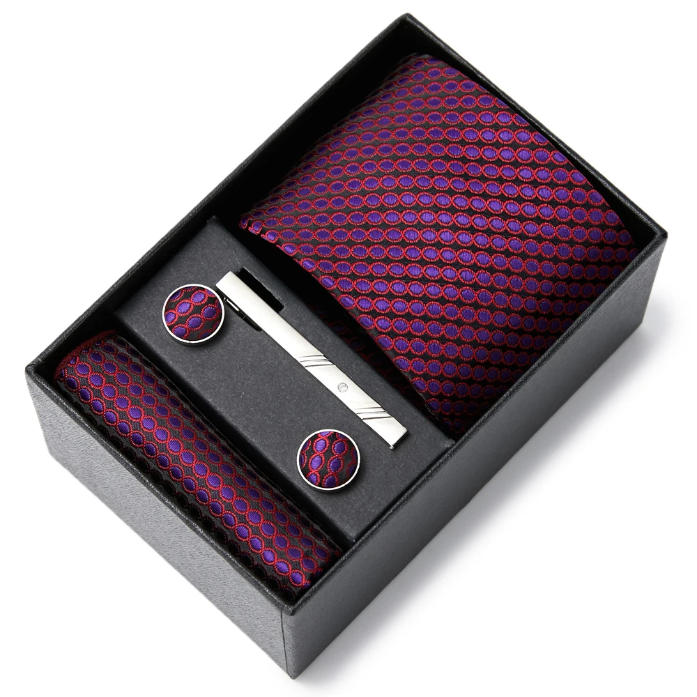 

Прямая поставка, Подарочная коробка, 100% Шелковый галстук, карманные квадраты, набор запонок, зажим для галстука, коробка для галстука и галс...