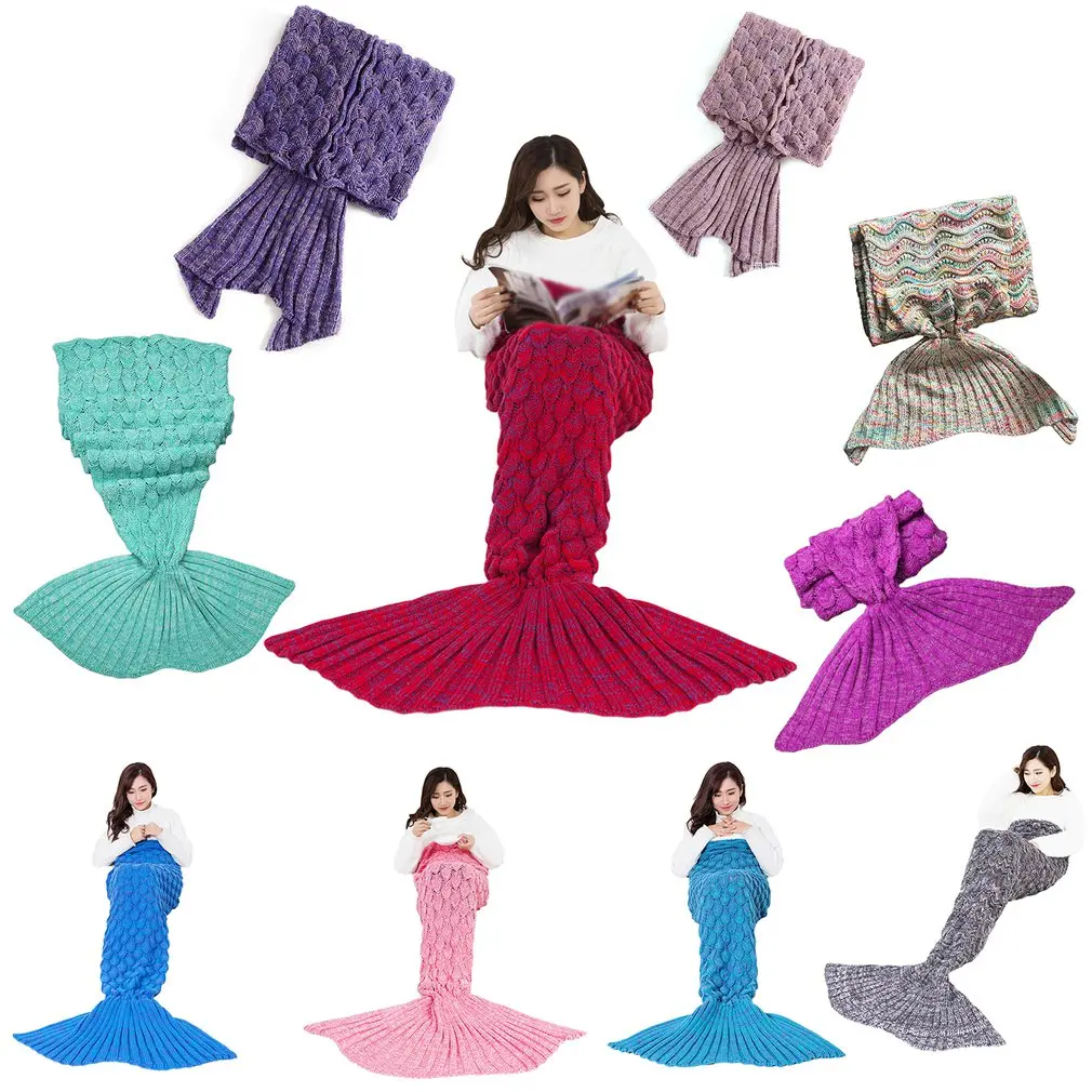 Одеяло вязаное ручной работы с хвостом русалки 10 цветов | Дом и сад