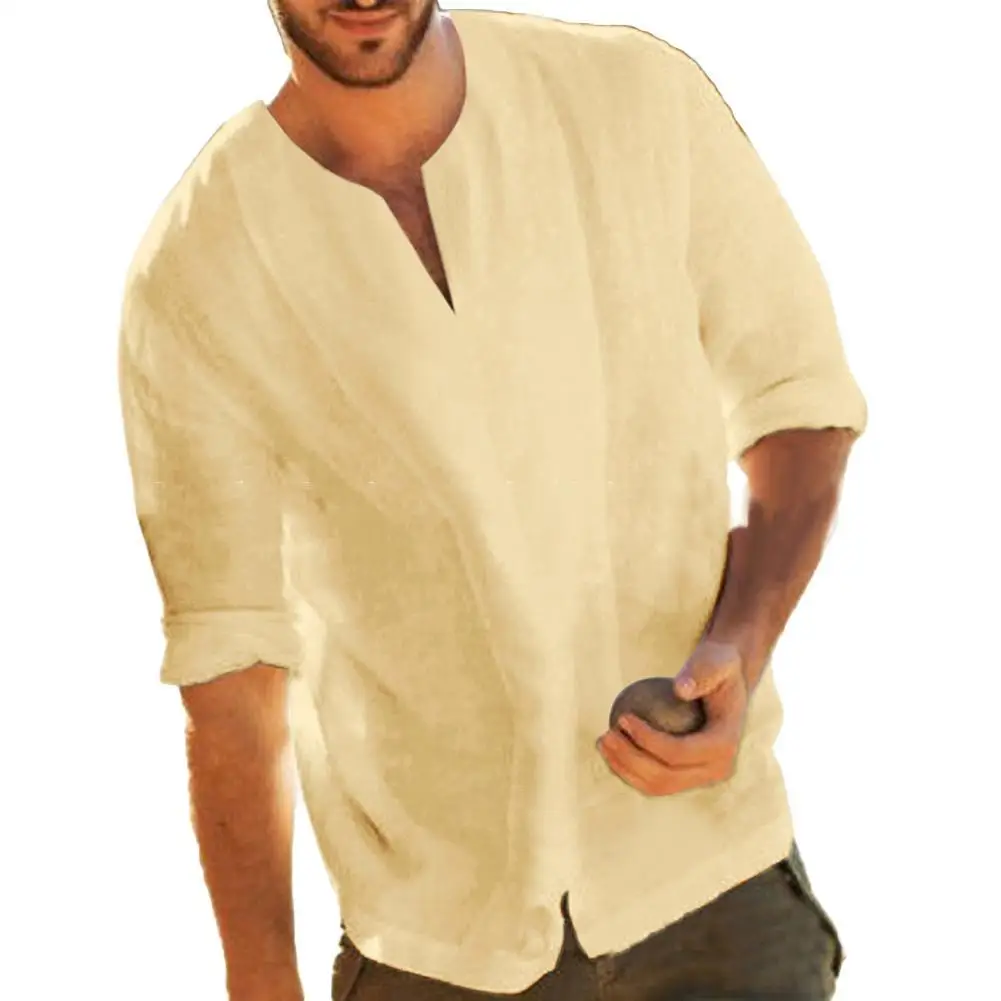 

Men Casual Long Sleeve V Neck Slitting Hem T-Shirt Cotton Linen Loose Blouse Top masculina Fit Shirt Casual Top Blouse T-shirt