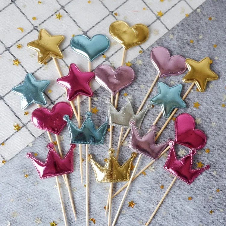 

200 шт./лот, вечерние торты на день рождения, Декоративная Корона из искусственной кожи с пятиконечной звездой в форме сердца, вечерние декора...