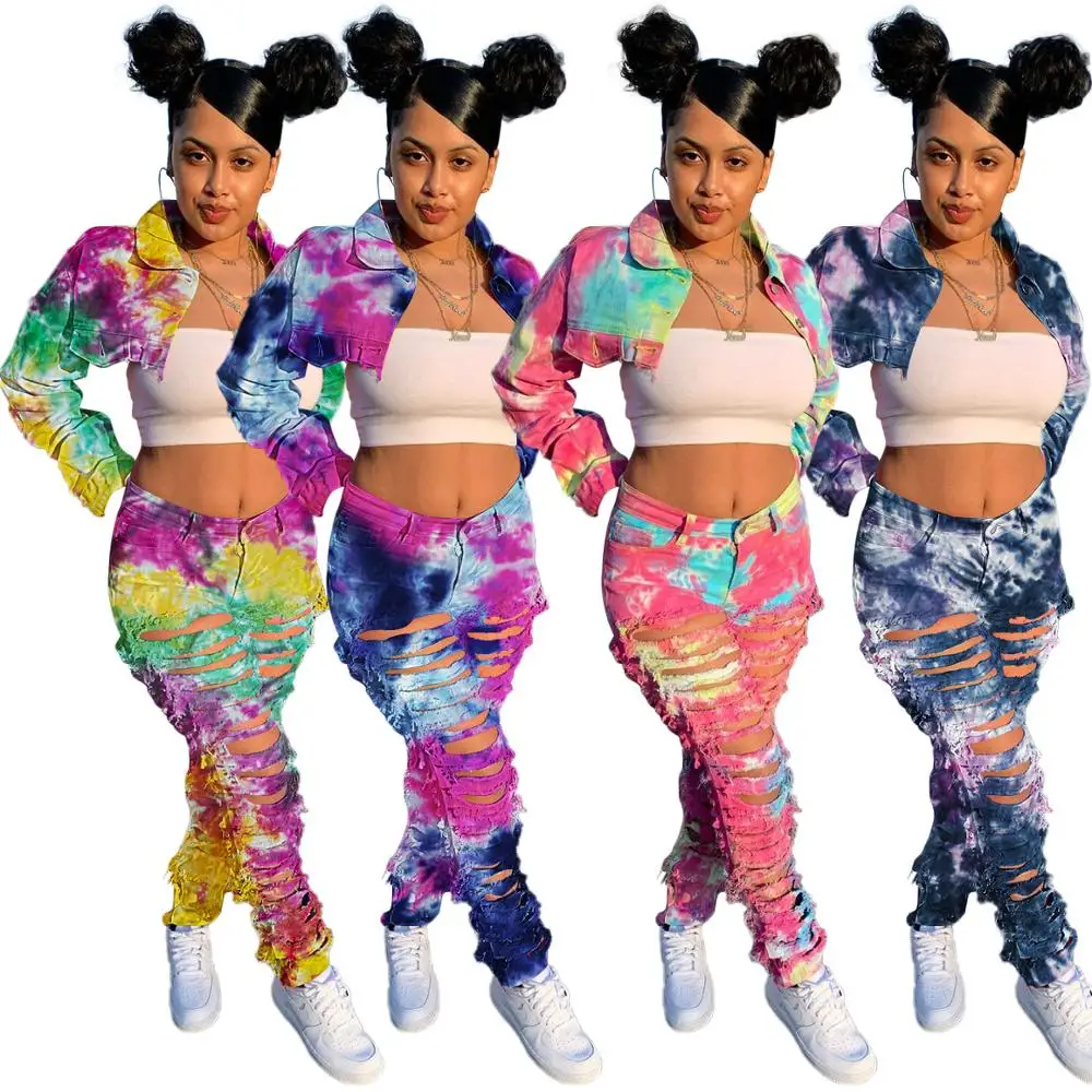 

Colorful Tie-Dye Printed Denim Two Piece Sets Women Turn-Down Collar Full Sleeve Crop Tops High Waist Ripped Stacked Jeans Sets