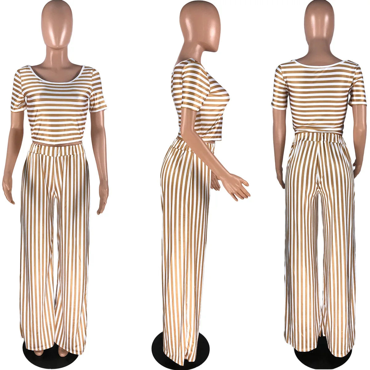 

Ladies sportswear two-piece short-sleeved top and long flared pants 2-piece striped leisure sports suit printed outdoor wear