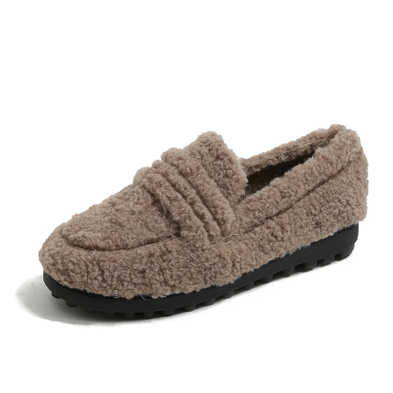 Hot Women Thicken Soled Shearling Loafers One Band Lambswool Moccasins Femme Plus Size 34-43 Fur Flats Woman Winter Plush Shoes