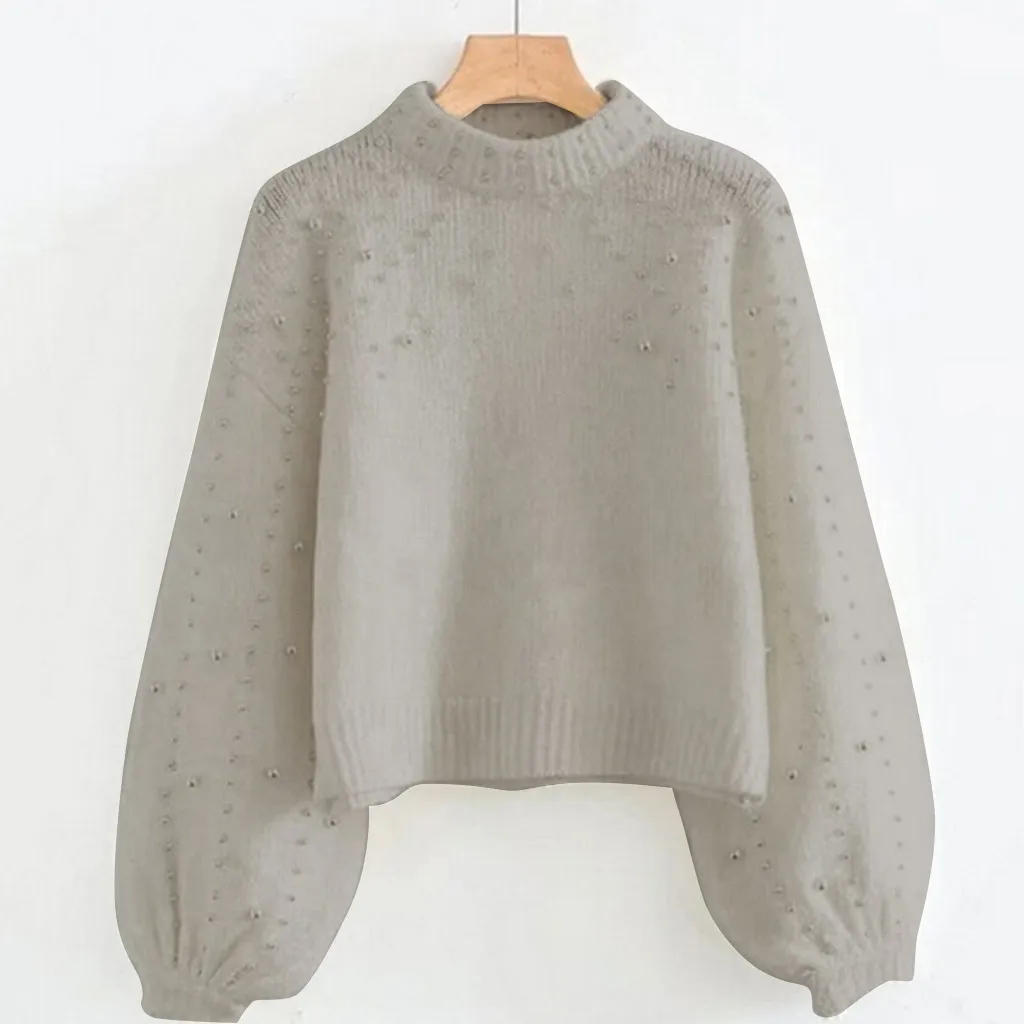 

Women's Sweater Winter Thick Knitted Sweaters Casual Female Solid Beading Jumper Long Sleeve O-Neck Pullover Sweater