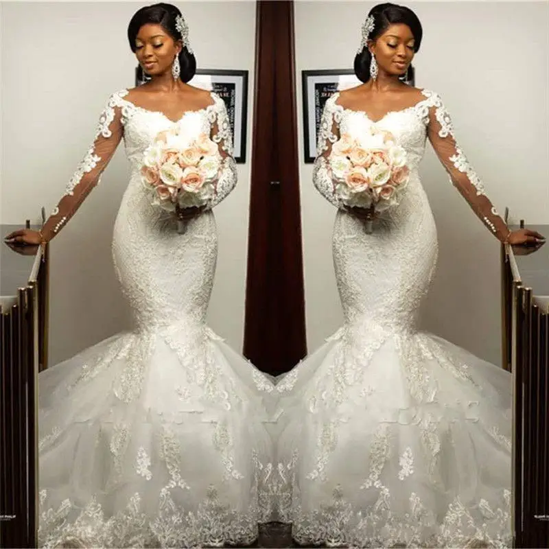 

Long Sleeve Mermaid Wedding Dresses 2021 Jewel Neck Lace Applique Trumpet AfricanCustom Made Bridal Gown