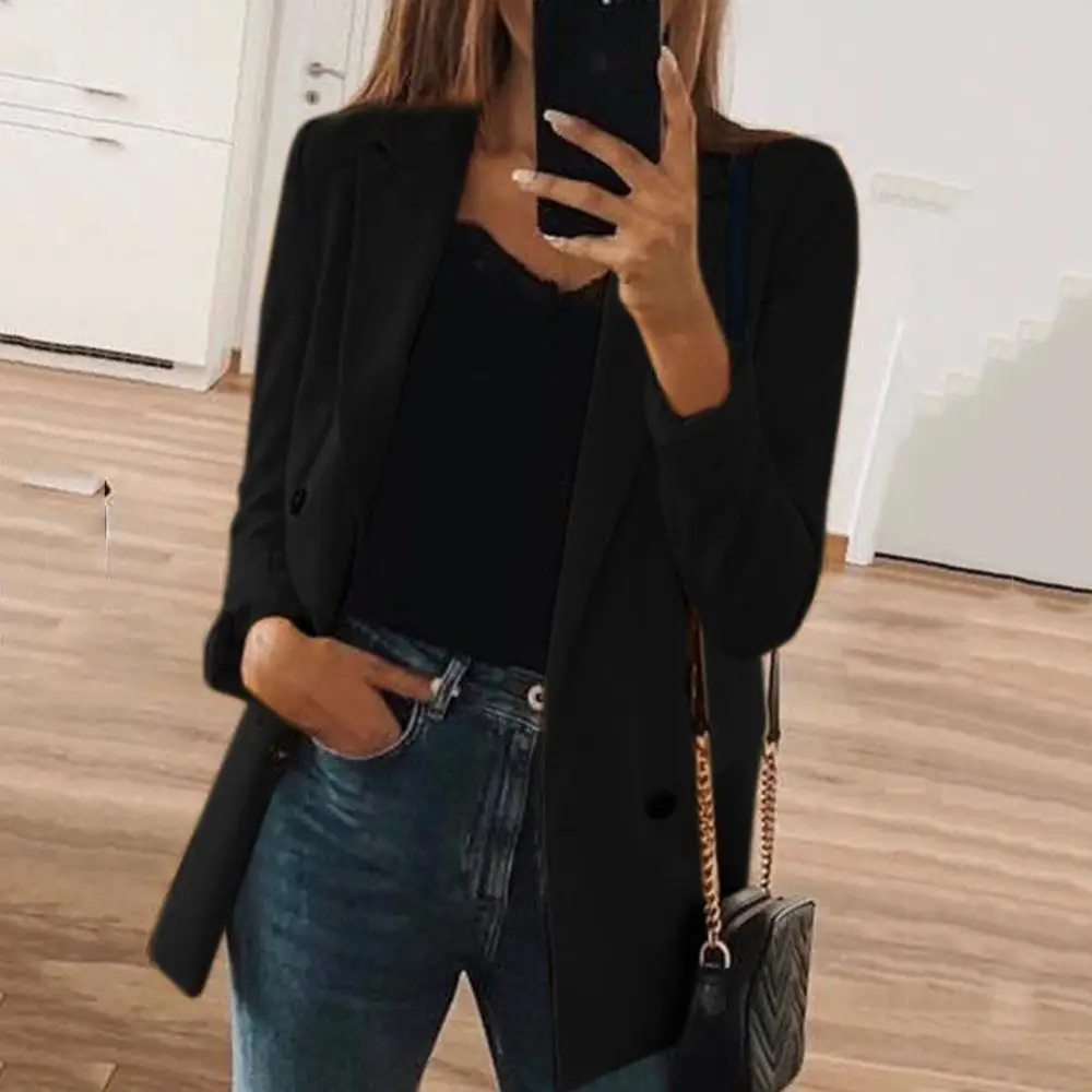 

80% 2021 Hot Sell Women Solid Color Turndown Collar Long Sleeve Tailored Suit Jacket Coat Blazer