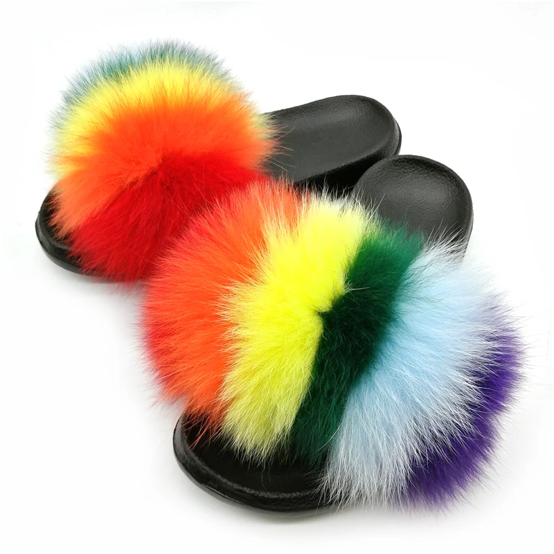 

Hot Sale Party Fur Slippers Women Real Fox Fur Slides Plush Flat Sandals Cute Girl Fuzzy Shoes Warm Home Flip Flops Furry Slides