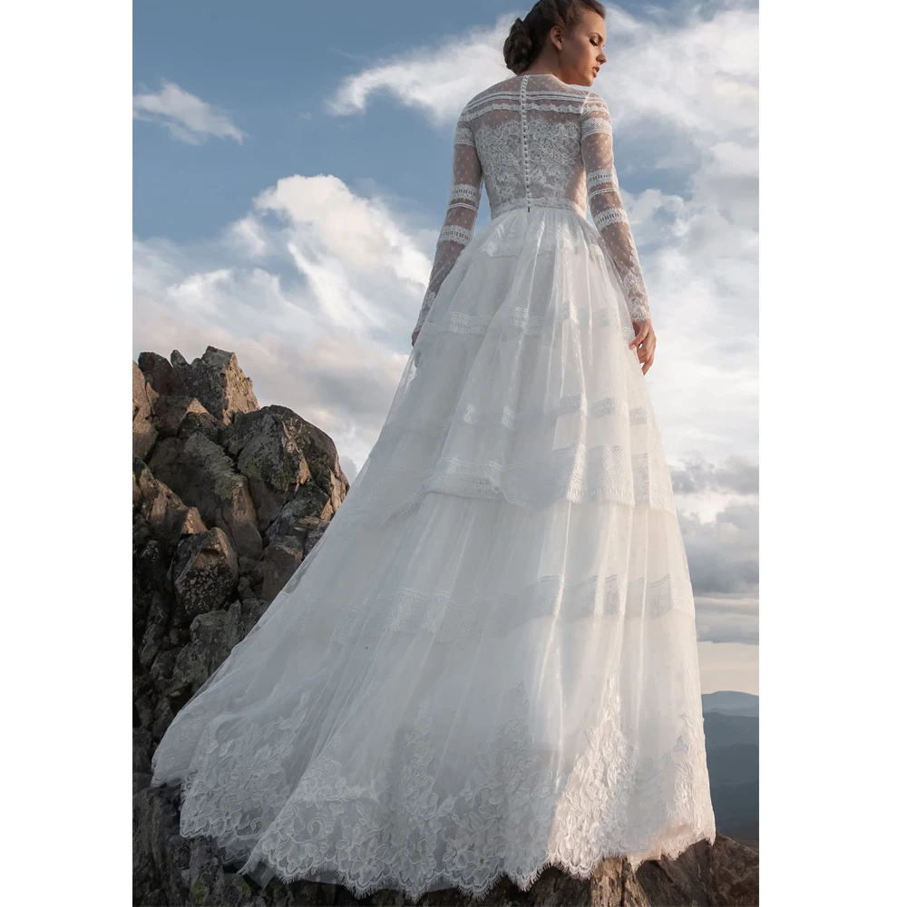 

Vestidos Charming Wedding Dresses Lace Pleat High Collar Full Sleeve Covered Button A-Line Bridal Gowns