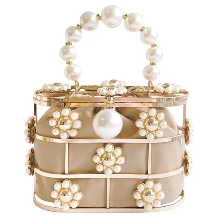 

Pearl Basket Evening Clutch Bag Women Famous Brand Hollow Out Flowers Beaded Metallic Clutch Purse Korean Bucket Handbag Party