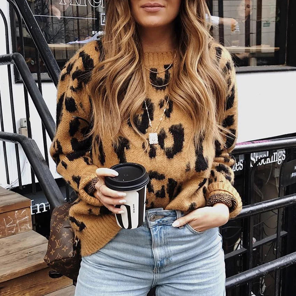 Женский леопардовый вязаный свитер пуловер с длинными рукавами и круглым
