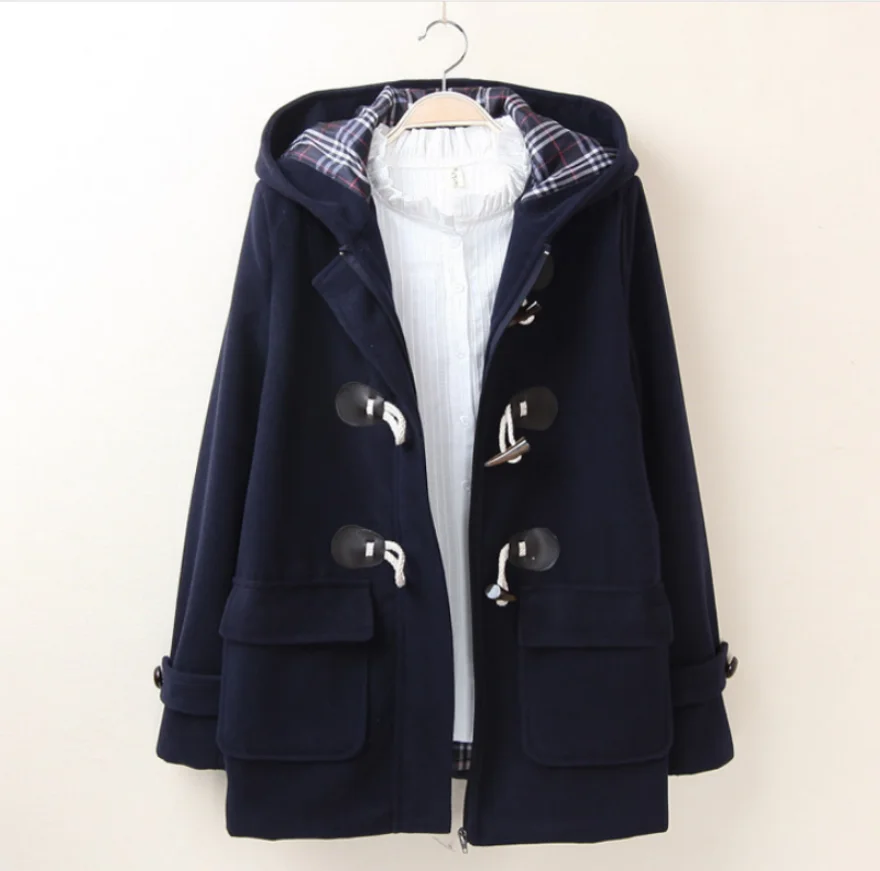 Длинное пальто с отложным воротником и пуговица из рога капюшон шерстяное