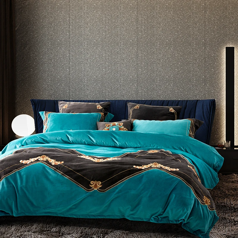 

Silver blue color King Queen Size Bed set Satin Jacquard Cotton Luxury Royal Bedding Set Bed Sheet Duvet cover Bedlinens 6/7 pcs