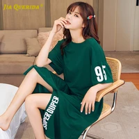 sleeping dress 100 cotton punk style letter printing green nightgown long sleepshirt loose size chic nightwear home clothing