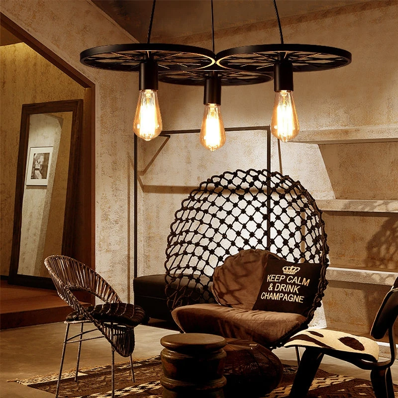 Vintage Wheel Pendant Lights Edison Light Fixtures Modern Flush Mount Lighting Adjustable Hanging Wire Length Lamps for Home | Освещение