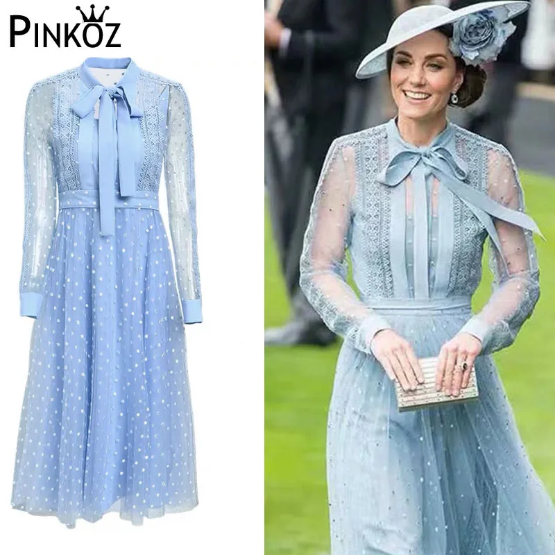 Женское платье в горошек с бантом на шее весна осень|Женские платья| |