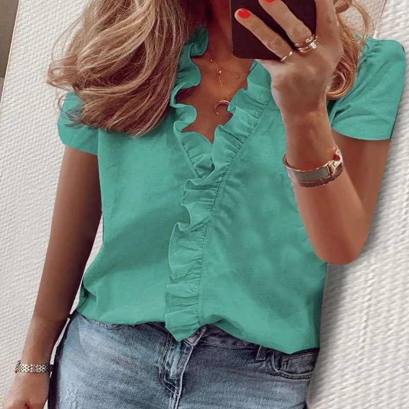 

Summer Sexy Deep V Neck Short Sleeve Women's Blouses Shirt Fashion Ruffles Chiffon Ladies Pullover Tops Shirts Plus Size