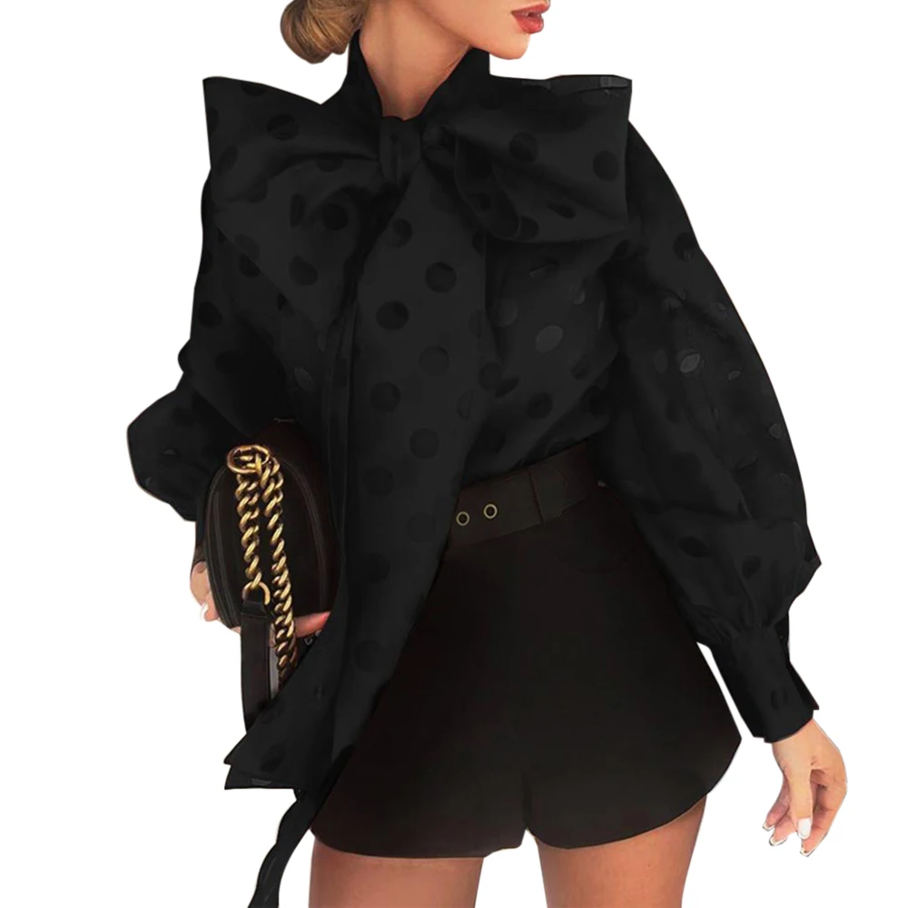 Женская блузка в горошек элегантная офисная с рукавами-фонариками и узелком