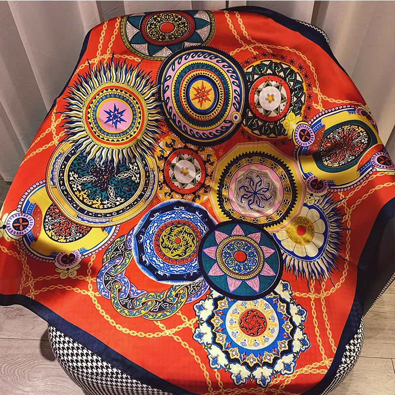 

2021 Fashion Square Bandana New 90X90CM Kerchief Popular Summer Sunscreen Print Silk Scarf Female High-Grade Satin Beach Shawl