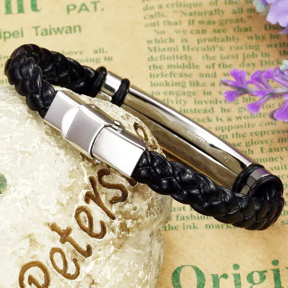 OPK 2020 новый мужской кожаный браслет из нержавеющей стали 316L переплетенный черный