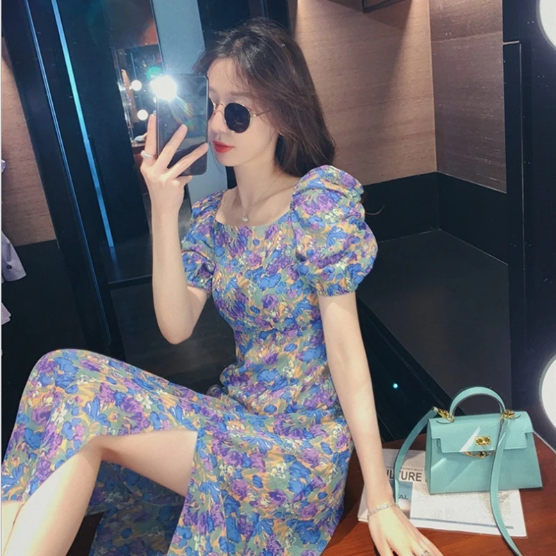 

2020 summer New style French floral dress Retro fashion woman clothes purple adult skirt S-XL