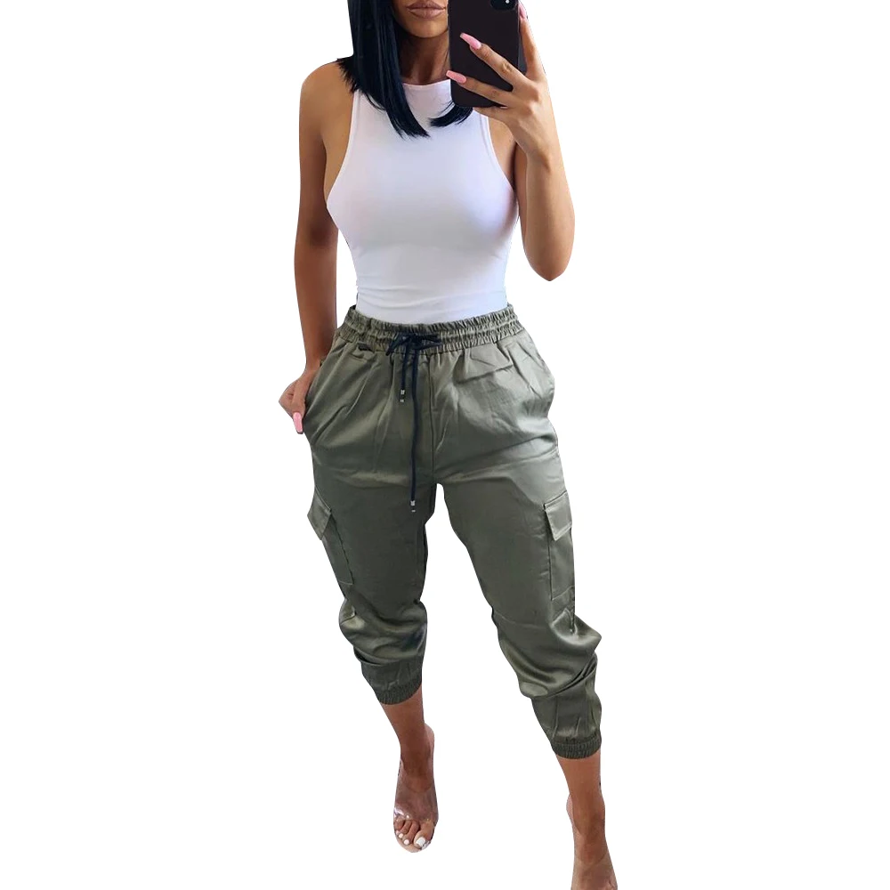 

Women Solid Color Drawstring Cargo Pants Army Green Casual Pockets Ankle-Length Pants Summer Slim Elastic Waist Cargo Slacks