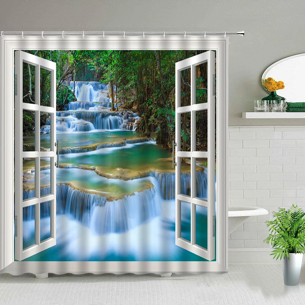 Ландшафтная занавеска для душа пейзаж водопад морской цветок растение декор