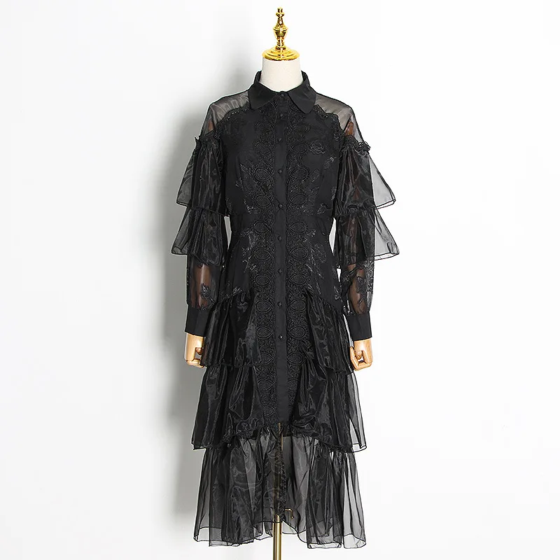 

women's Big-name net summer yarn lace embroidery hollow elegant dress 2021New women's wear ruffled fashion pleated dress Bing XL