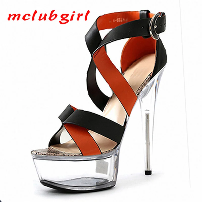 

Mclubgirl 15cm Heels Color Block Round Head Buckle Thin Heel Super High Heel Waterproof Platform Sexy Open Toe Sandal LYP