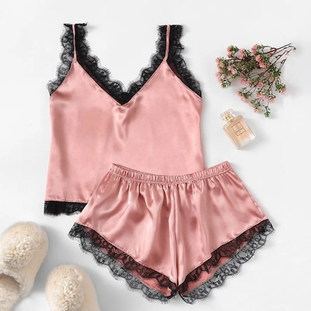 

2020 New Women\u2019s Sexy Camisole Shorts Summer Pajamas Sets Casual Solid Color Satin Vest Lace Home Clothes Suit