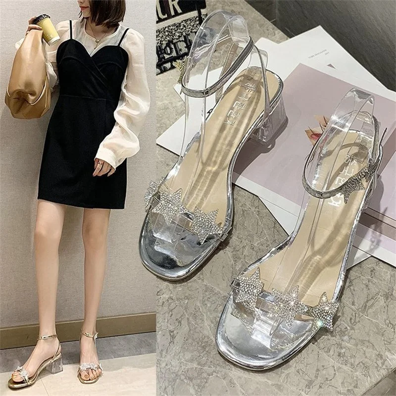 

2021 летние сандалии на толстом каблуке с открытым носком и пряжкой женские Стразы с пятью острыми звездами на высоком каблуке модная женская...