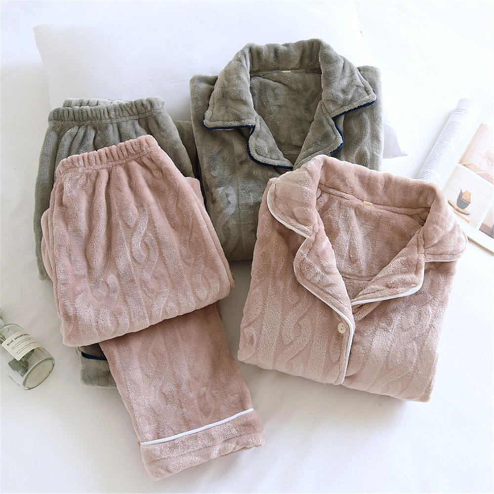 

Couple Coral Fleece Pajamas Sleepwear Autumn And Winter Thickened Men Women Long Sleeve Home Wear Women's Nightwear Suit