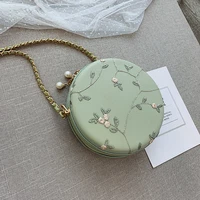 2022 sweet lady embroidery round bag fashion quality pu leather womens designer handbag pearl chain shoulder messenger bags