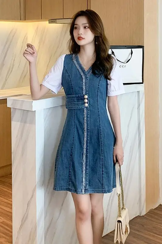 

COIGARSAM Fashion Patchwork Women one-piece dress korean New Summer Puff Sleeve High Waist V-Neck Dresses Blue 8727