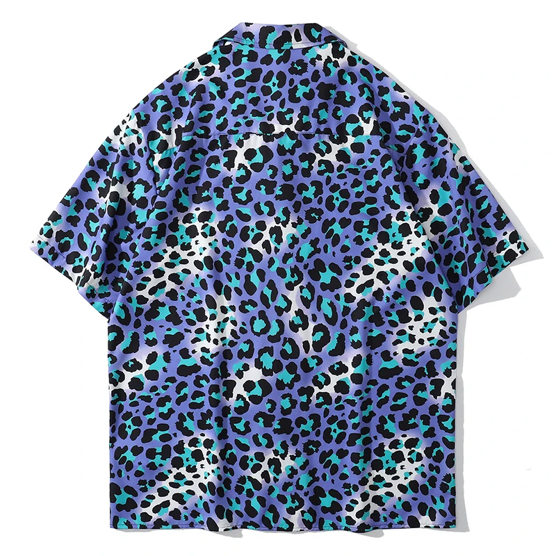 Harajuku Summer Hawaiian Beach Shirts Leopard Print Hip Hop Button Shirt Mens Fashion Short Sleeve Holiday Party Blouse Tops