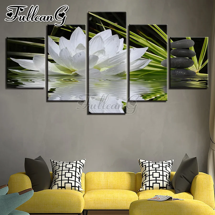 

FULLCANG White lotus black stone 5 piece diy diamond painting full square round drill mosaic embroidery sale flowers FC3438