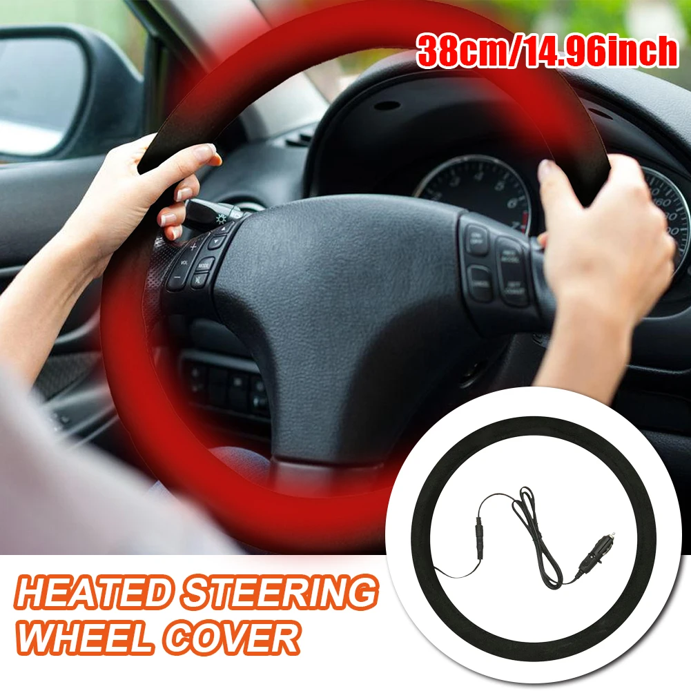 

Universal Heated Steering Wheel Cover 15" 38cm Steering Wheel Warmer 12V Electric Heating Cover Soft Plush Cover Car Accessories