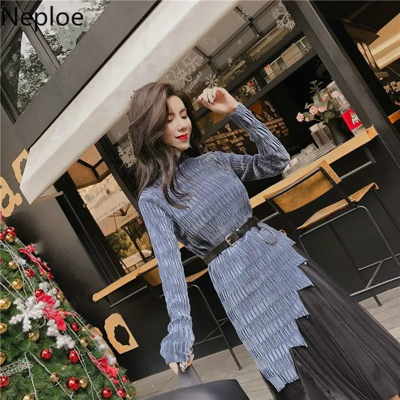 Neploe одежда для зимы и осени chandal Velet тонкий пояс Топ + Высокая талия сетчатая юбка в