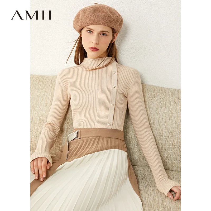 

AMII Minimalism Autumn Winter Women's Sweater Solid Stripe Slim Fit Single-breasted Women Cardigan Female Sweater Tops 12030427