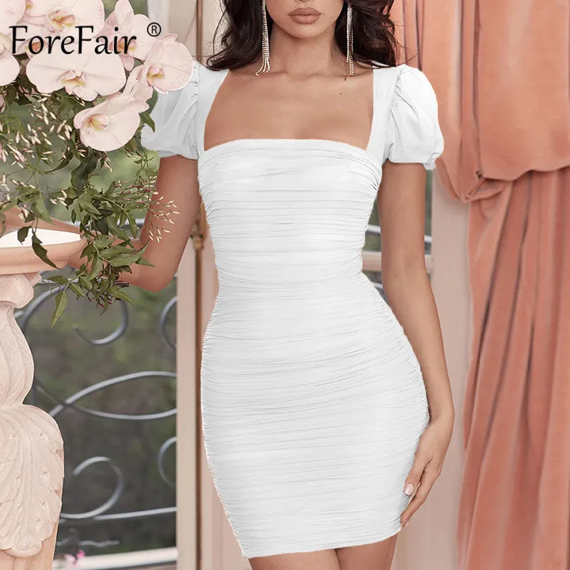 White Dress Сексуальное Сетчатое платье Forefair с пышными рукавами и рюшами, винтажное женское клубное мини-платье без бретелек, вечерние облегающее платье для женщин - Цвет: White Dress