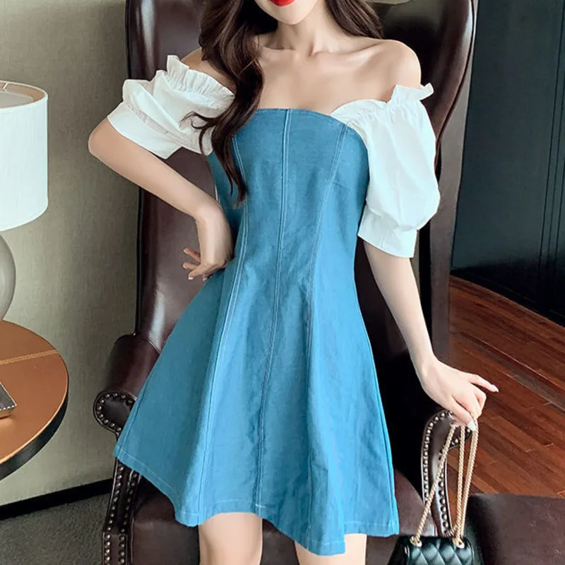 

Woman's Dress Plus Size Summer Casual Sweet Patchwork Denim Dresses Korean Puff Sleeve Square Collar Mini Female Dress Vestidos