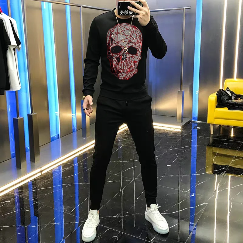 

New Arrival Men's Sets Winter Tracksuit Sweatshirt Sweatpants + Hoodie 2-Piece Sportswear Cotton Skull Hot Drill Track Suit