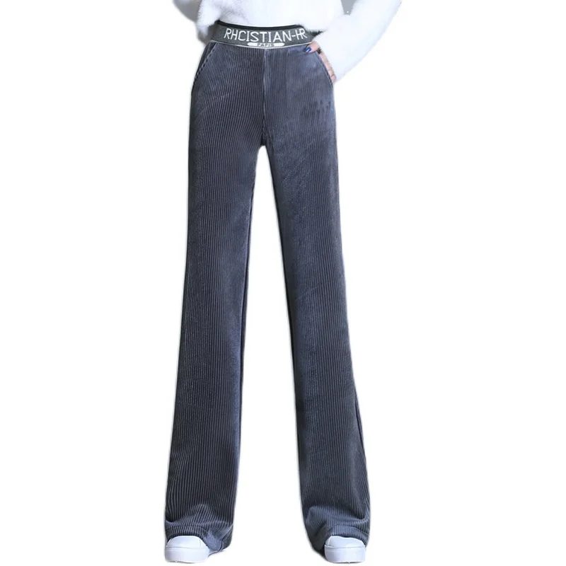 

New Elegant Fashion Women Spring Autumn Corduroy Wide Leg Pants Plus Velvet High Waist Pants Lady Straight Casual Pants