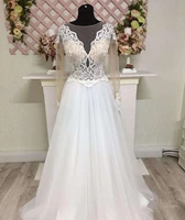 sexy long sleeves v neck wedding dresses robe de mariee backless lace applique long tulle bridal gown