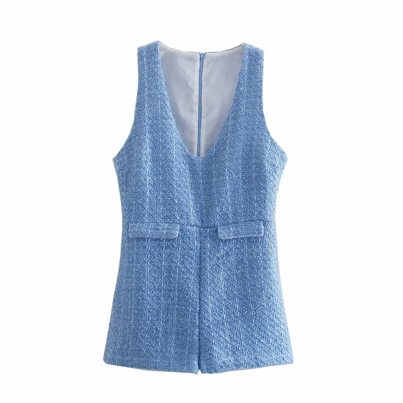 

Stylish Chic Blue Pockets Sleeveless Tweed Playsuits Women 2021 Fashion V-Neck Back Zipper Short Jumpsuits Female Casual Outfits
